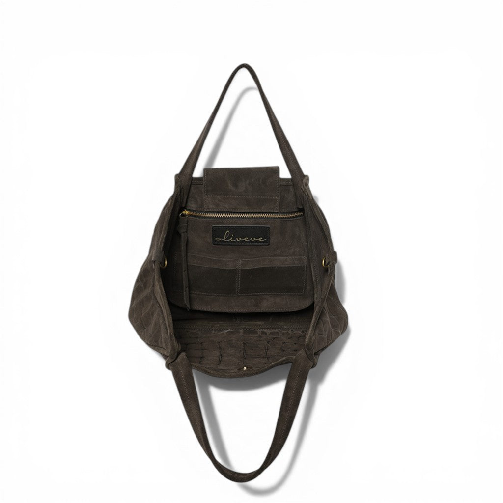 Vittoria Tote in Truffle Italian Croco-Embossed Suede