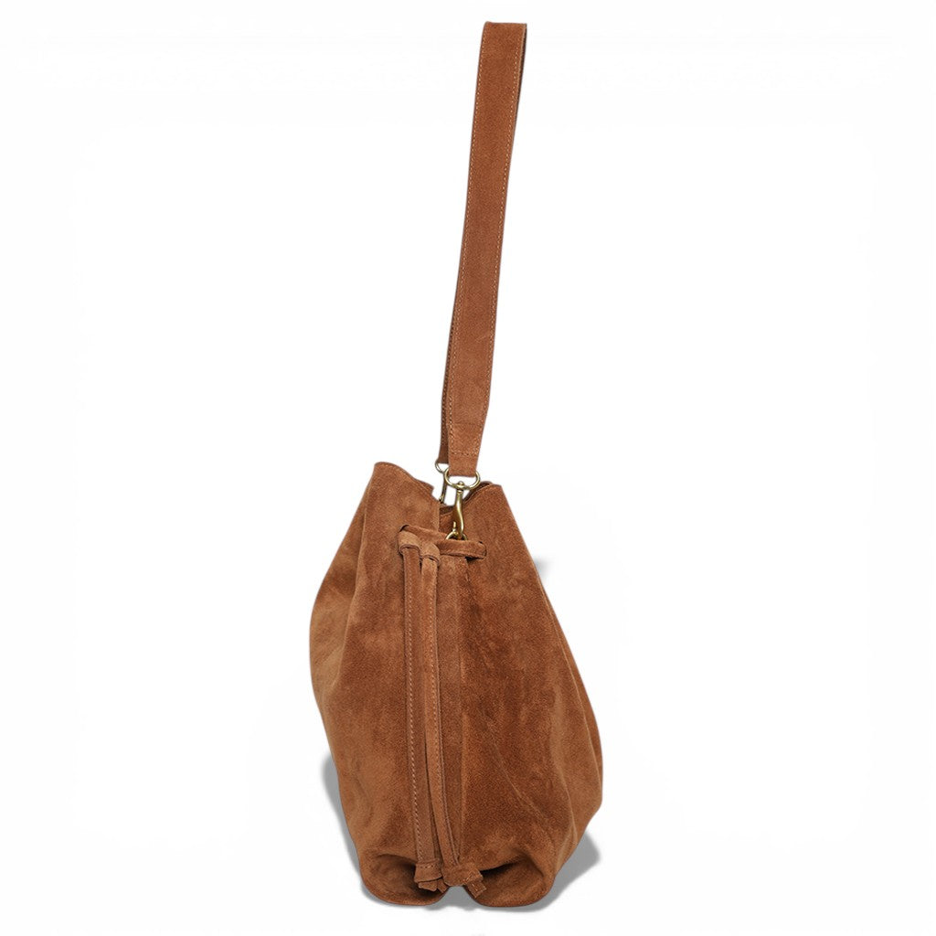 Aurelia Drawstring in Saddle Italian Leather Backed  Suede