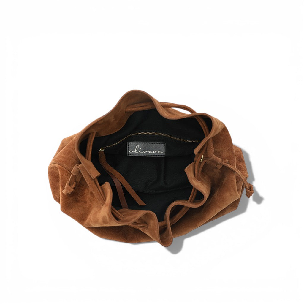 Aurelia Drawstring in Saddle Italian Leather Backed  Suede