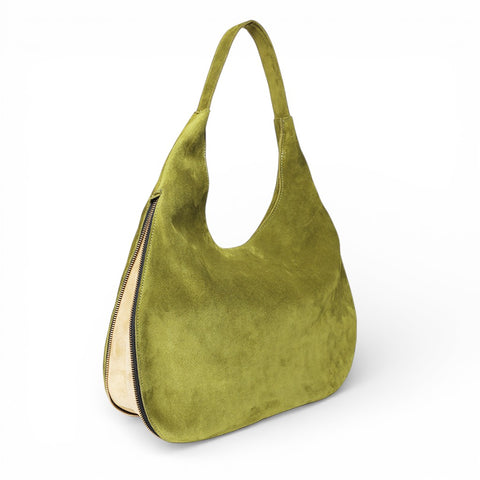 Eleanora Expandable Hobo in Avocado with Macadamia Italian Leather Backed Suede
