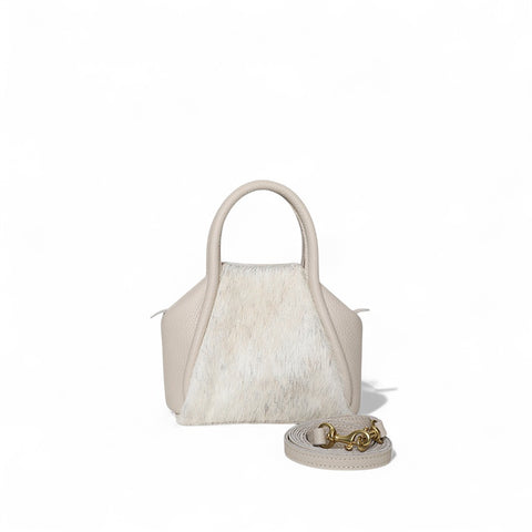 Mini Taya Top Handle Crossbody in Grey Brindle Natural Haircow with Lamb Italian Buffalo Cowhide