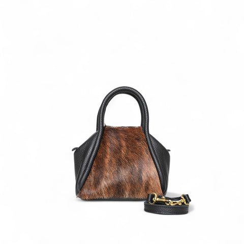 Mini Taya Top Handle Crossbody in Dark Brindle Natural Haircow with Black Italian Buffalo Cowhide