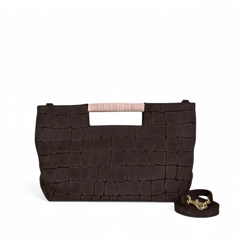Ella Wrapped Handle Crossbody in Truffle Italian Croco-Embossed Suede