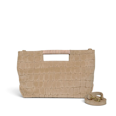 Ella Wrapped Handle Crossbody in Ecru Italian Croco-Embossed Suede