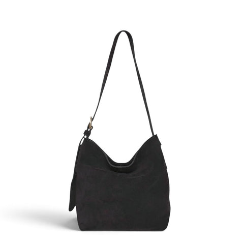 Midi Gabriella Shoulder Bag in Black Italian Leather Backed Suede