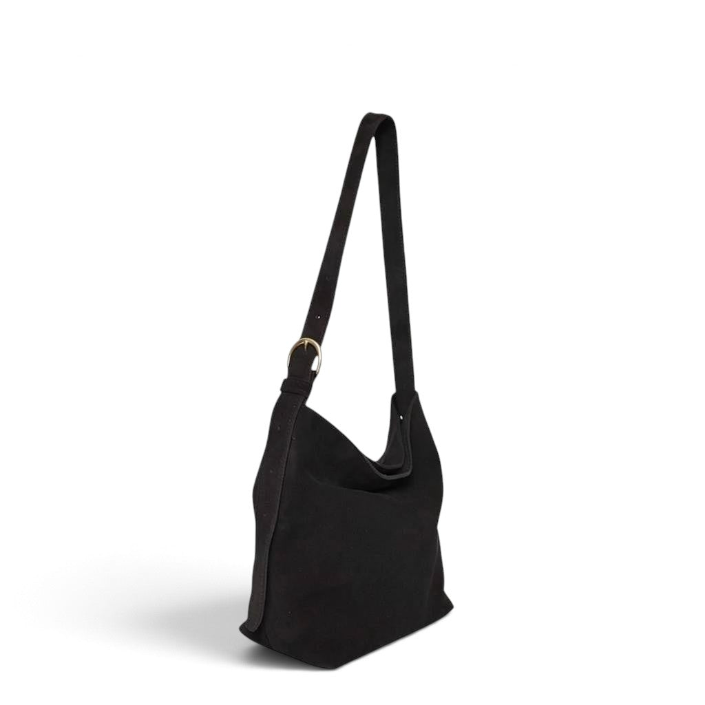 Midi Gabriella Shoulder Bag in Black Italian Leather Backed Suede