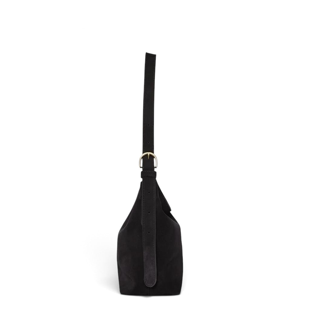Midi Gabriella Shoulder Bag in Black Italian Leather Backed Suede