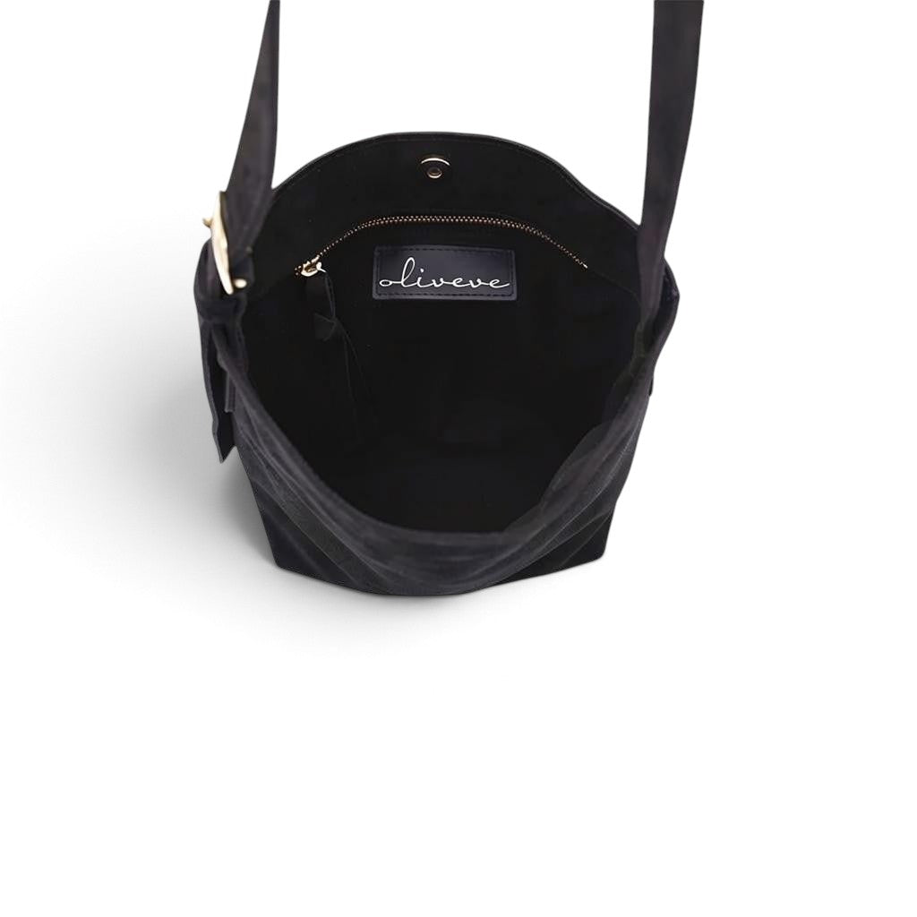Midi Gabriella Shoulder Bag in Black Italian Leather Backed Suede