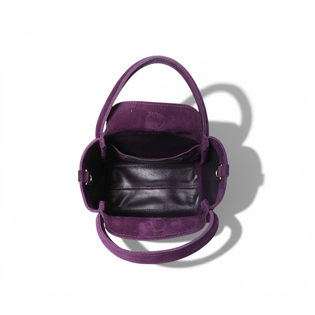 Mini Serena Top Handle Crossbody in Aubergine Italian Leather Backed Suede