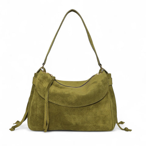 Reese Large Slouchy Shoulder in Avocado Italian Leather Backed Suede