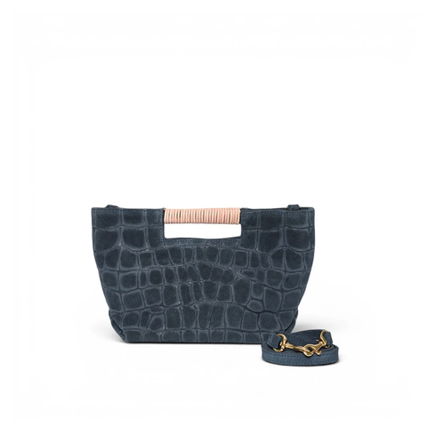 Mini Ella Wrapped Handle Crossbody in Navy Italian Croco-Embossed Suede