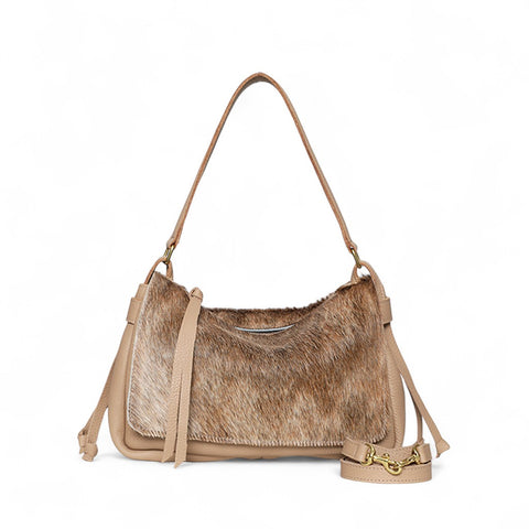 Remi Medium Shoulder Bag in Light Brindle Haircow with Cappuccino Italian Buffalo Cowhide