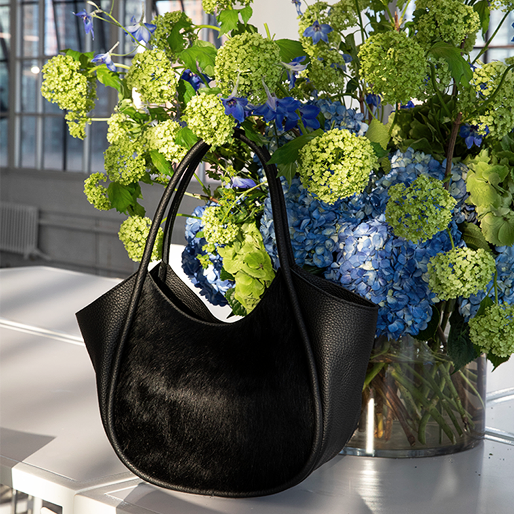 Eden Tote in Black Natural Haircow with Black Buffalo Cowhide