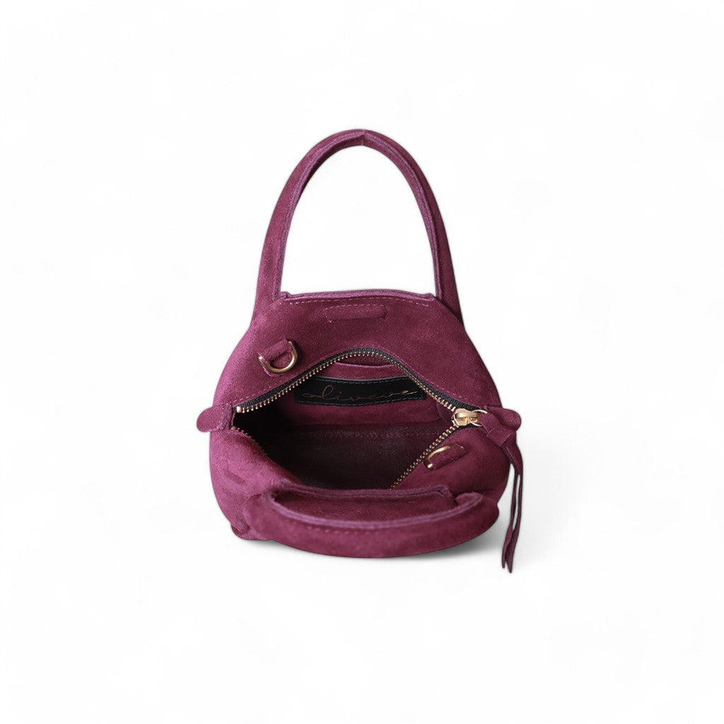 Mini Taya Top Handle Crossbody in Mulberry Italian Leather Backed Suede