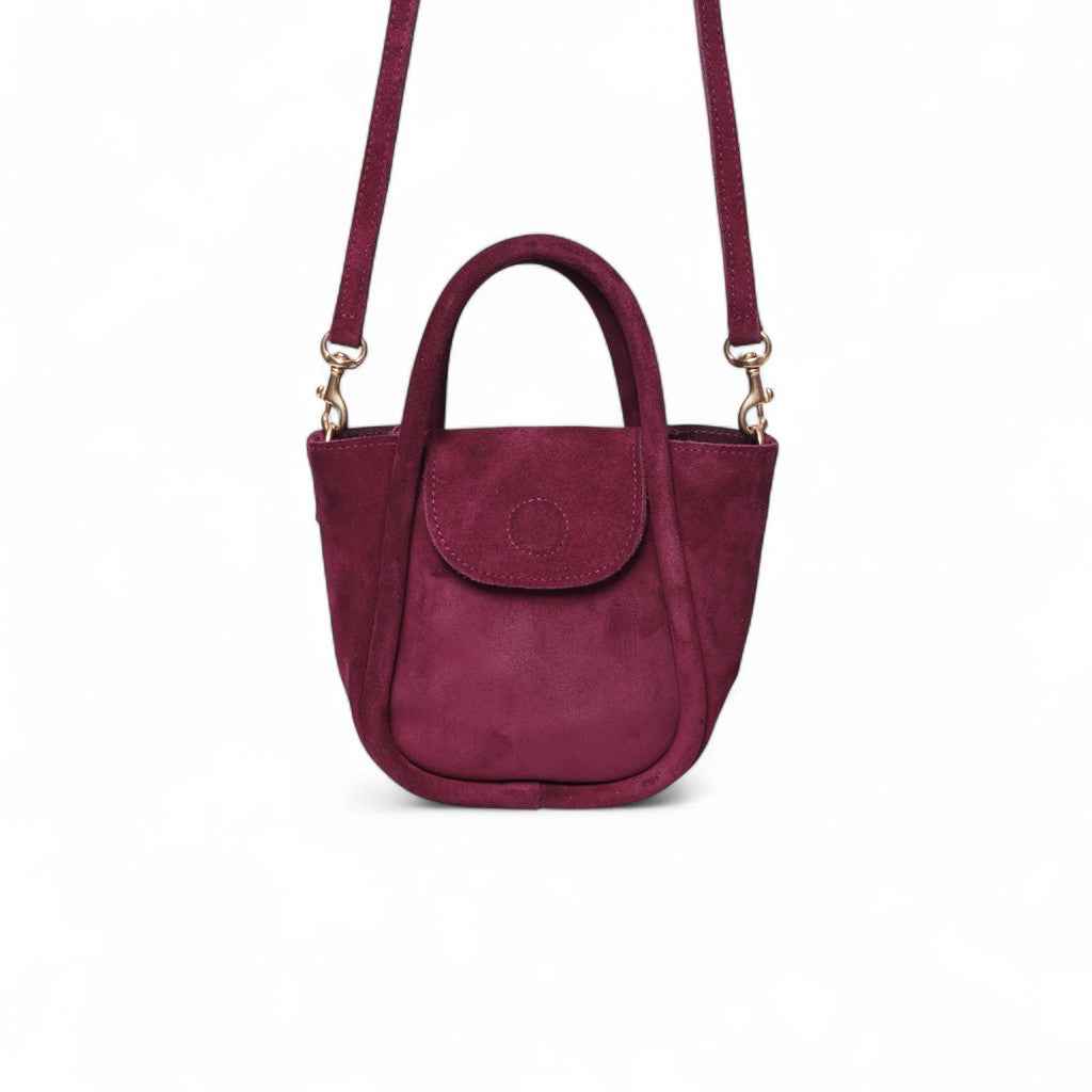 Mini Ellis Top Handle Crossbody in Mulberry Italian Leather Backed Suede