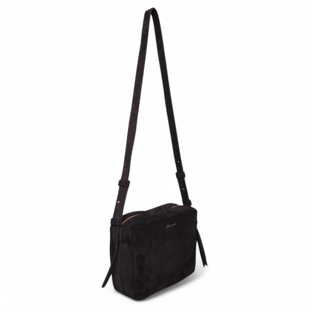 Allegra Camera Bag in Black Italian Leather Backed Suede