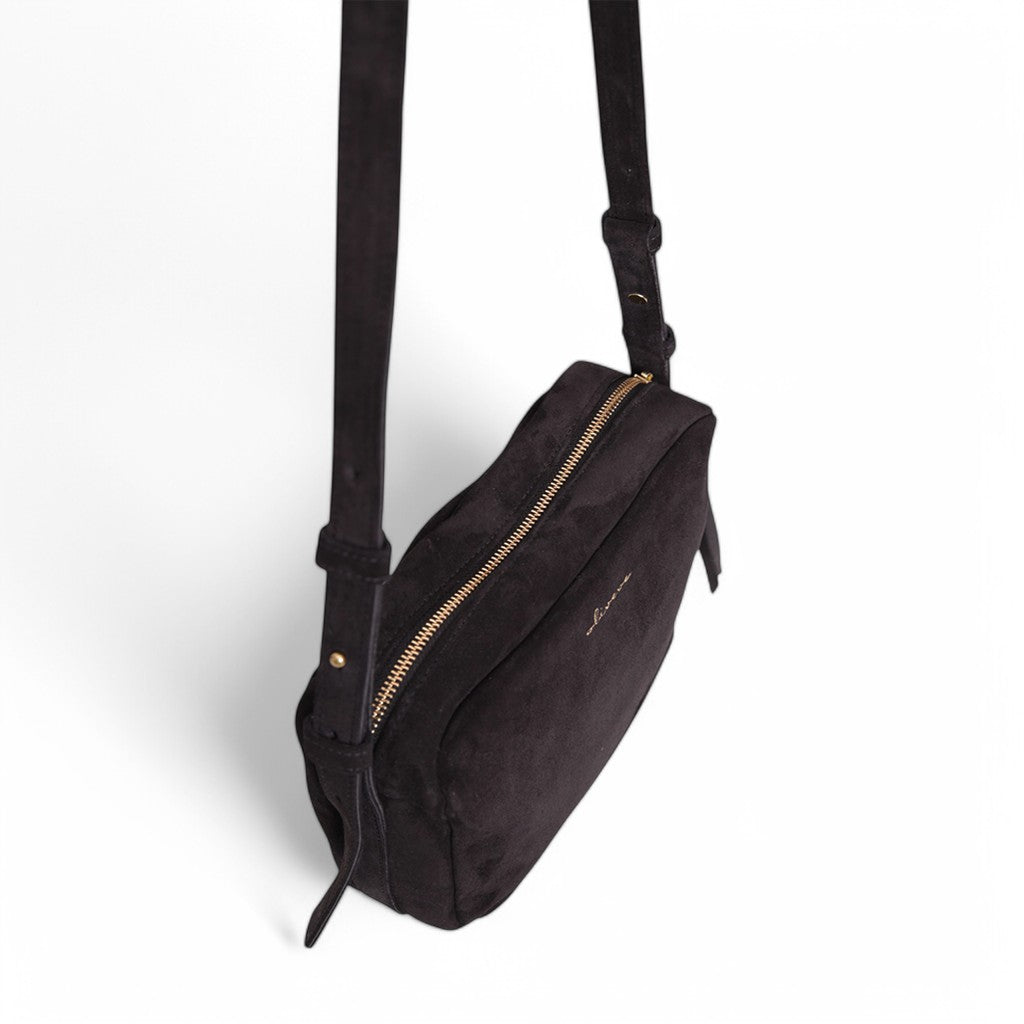 Allegra Camera Bag in Black Italian Leather Backed Suede