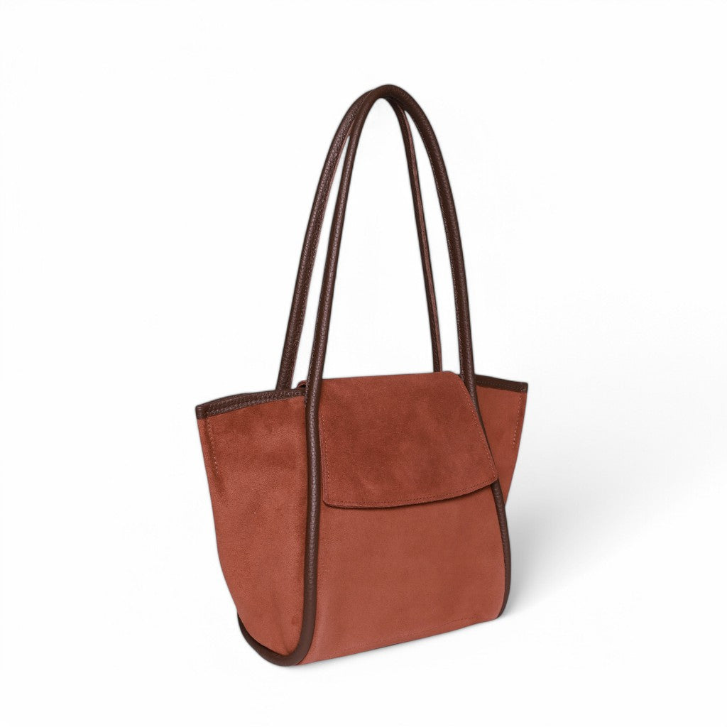 Estelle Shoulder Bag in Spiced Italian Leather Backed Suede with Chestnut Italian Buffalo Cowhide