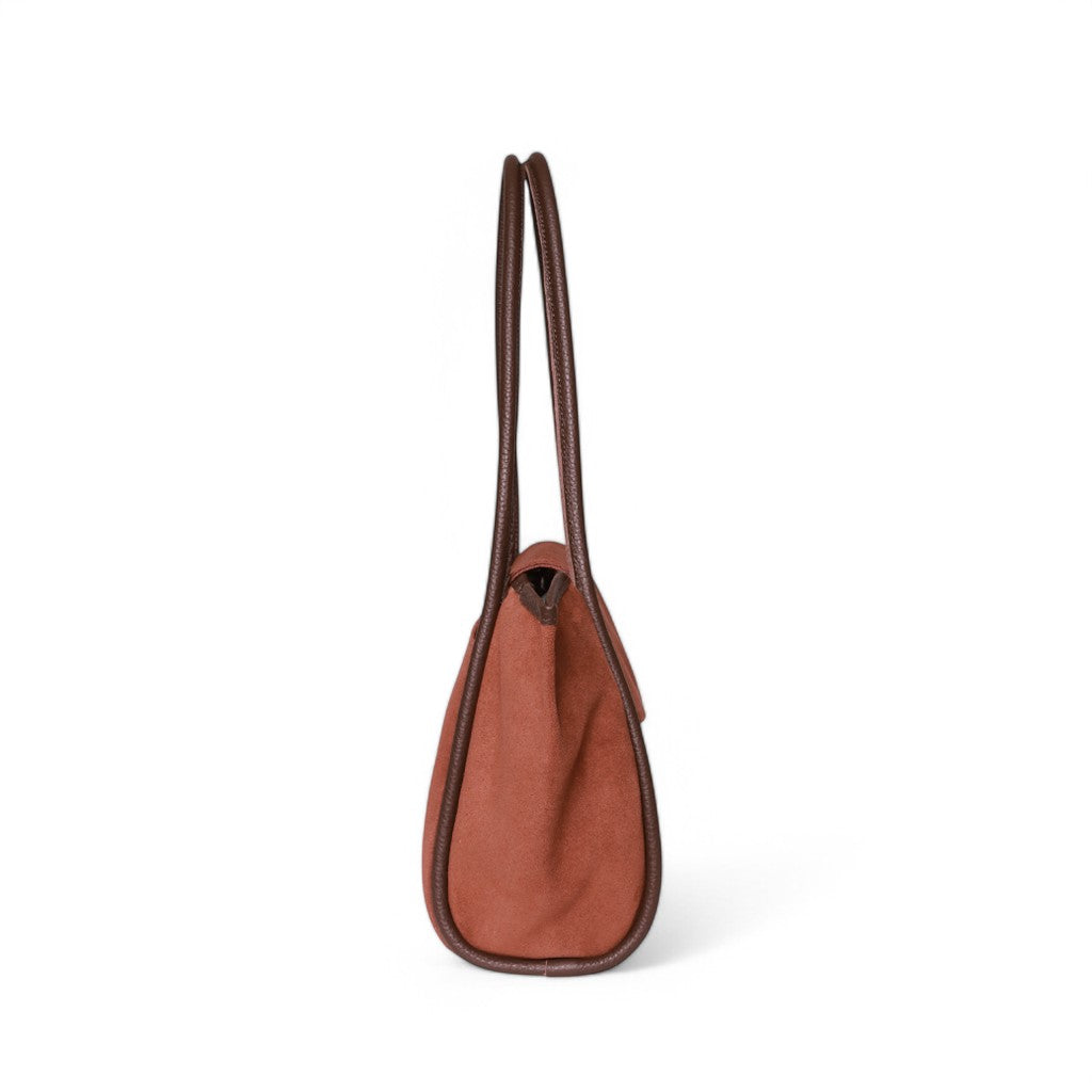 Estelle Shoulder Bag in Spiced Italian Leather Backed Suede with Chestnut Italian Buffalo Cowhide