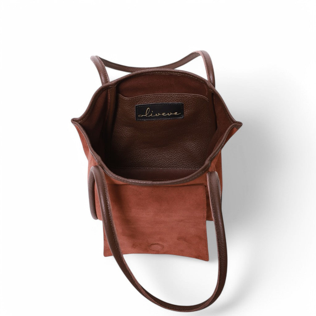 Estelle Shoulder Bag in Spiced Italian Leather Backed Suede with Chestnut Italian Buffalo Cowhide
