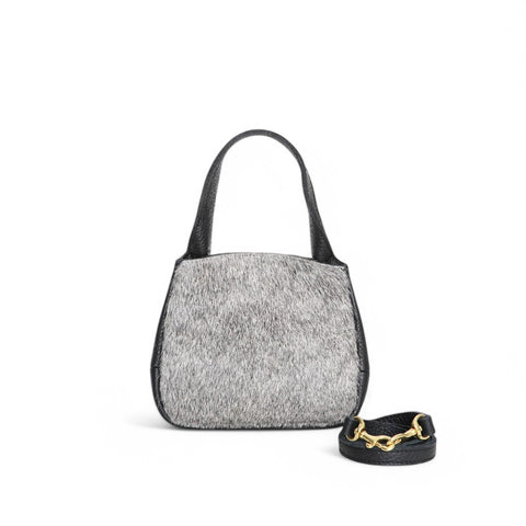 Tracy Top Handle Crossbody in Grey Brindle Haircow with Black Italian Buffalo Cowhide
