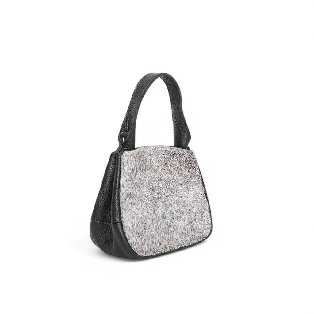 Tracy Top Handle Crossbody in Grey Brindle Haircow with Black Italian Buffalo Cowhide