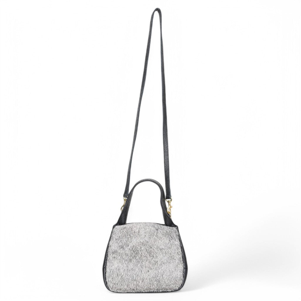 Tracy Top Handle Crossbody in Grey Brindle Haircow with Black Italian Buffalo Cowhide