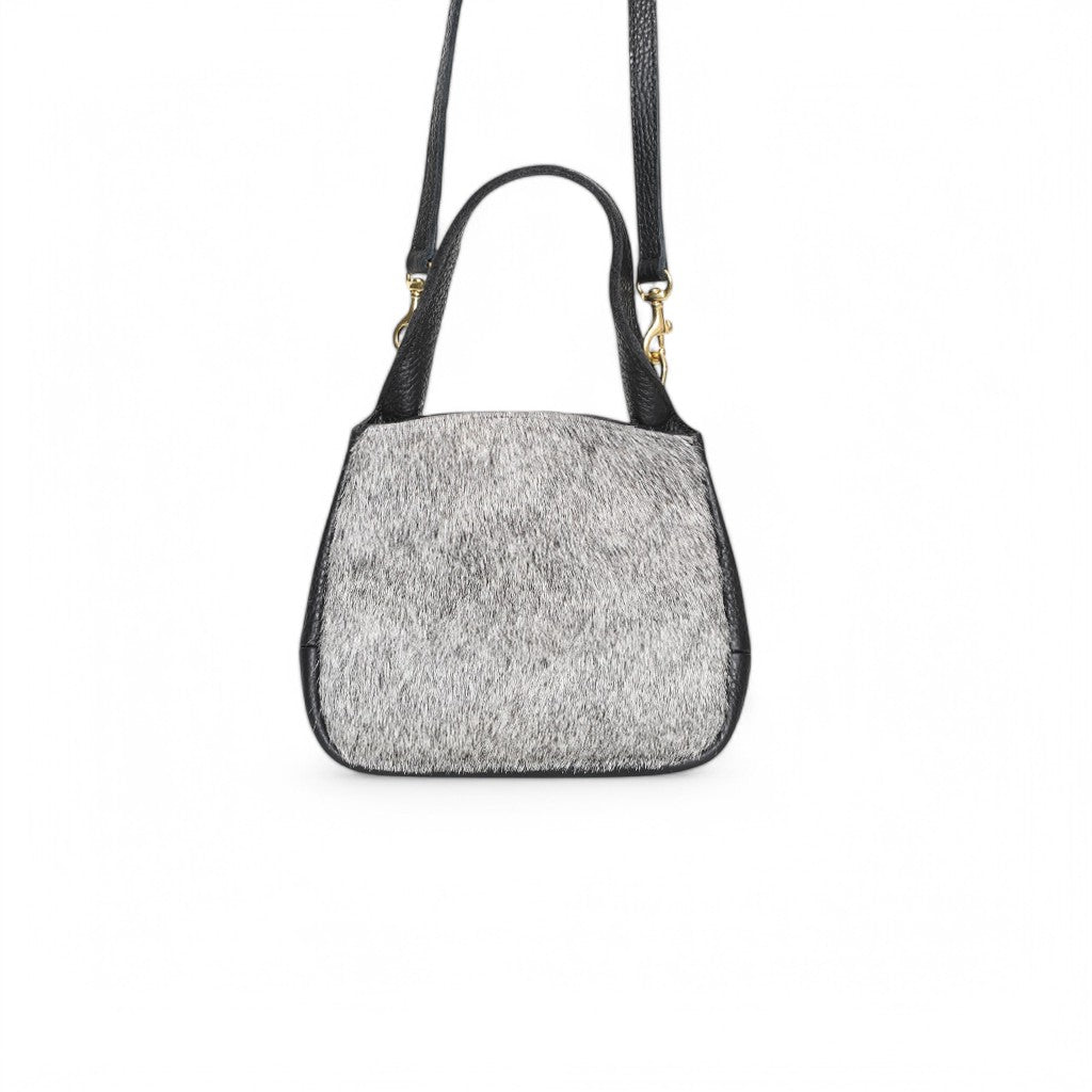 Tracy Top Handle Crossbody in Grey Brindle Haircow with Black Italian Buffalo Cowhide