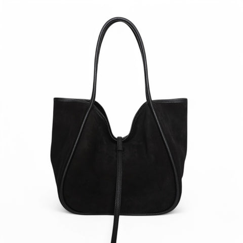 Ellis Hobo Tote in Black Italian Leather Backed Suede with Black Italian Buffalo Cowhide