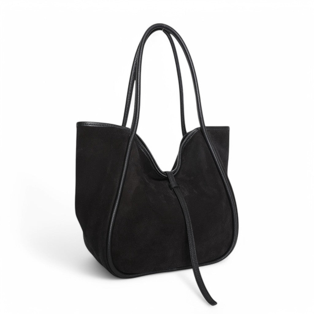 Ellis Hobo Tote in Black Italian Leather Backed Suede with Black Italian Buffalo Cowhide