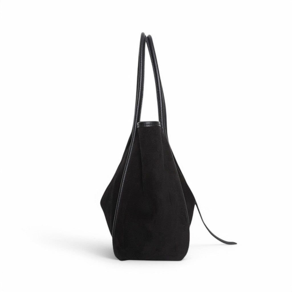 Ellis Hobo Tote in Black Italian Leather Backed Suede with Black Italian Buffalo Cowhide