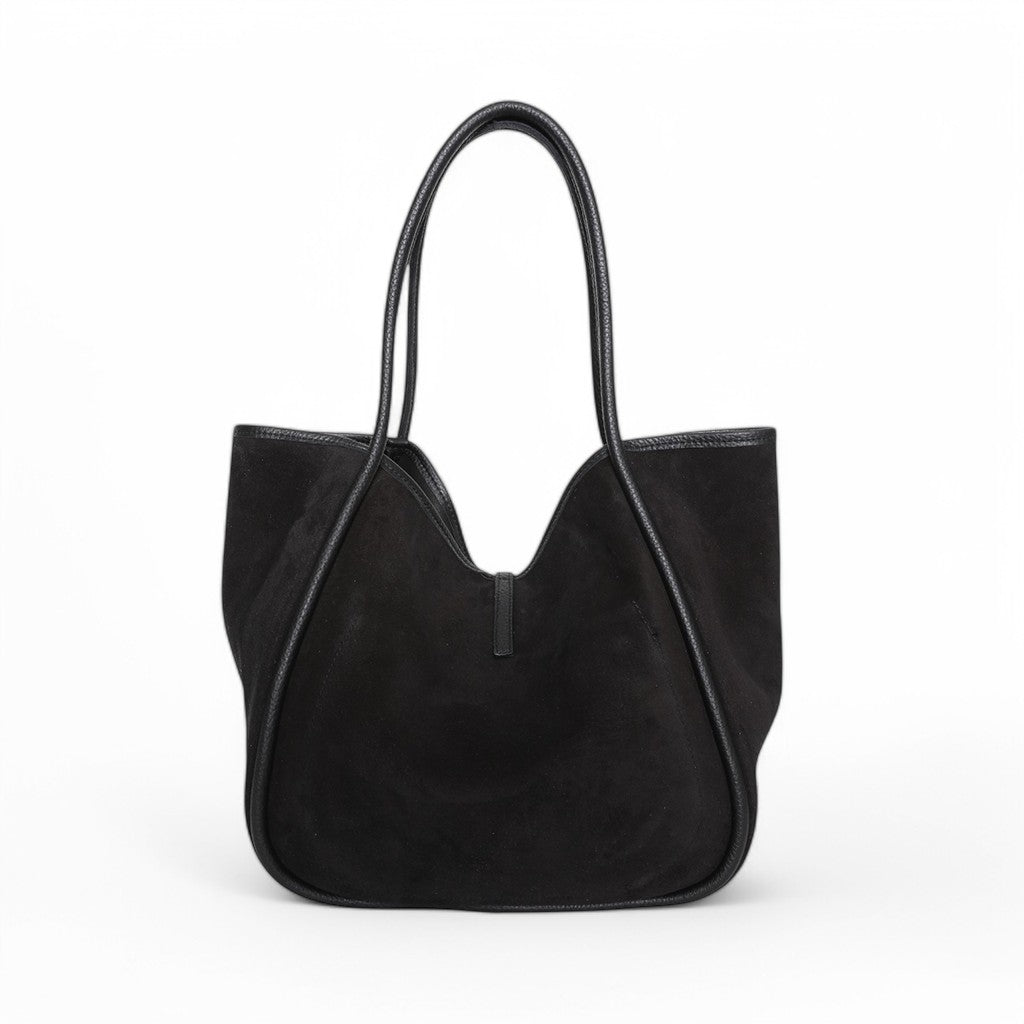 Ellis Hobo Tote in Black Italian Leather Backed Suede with Black Italian Buffalo Cowhide