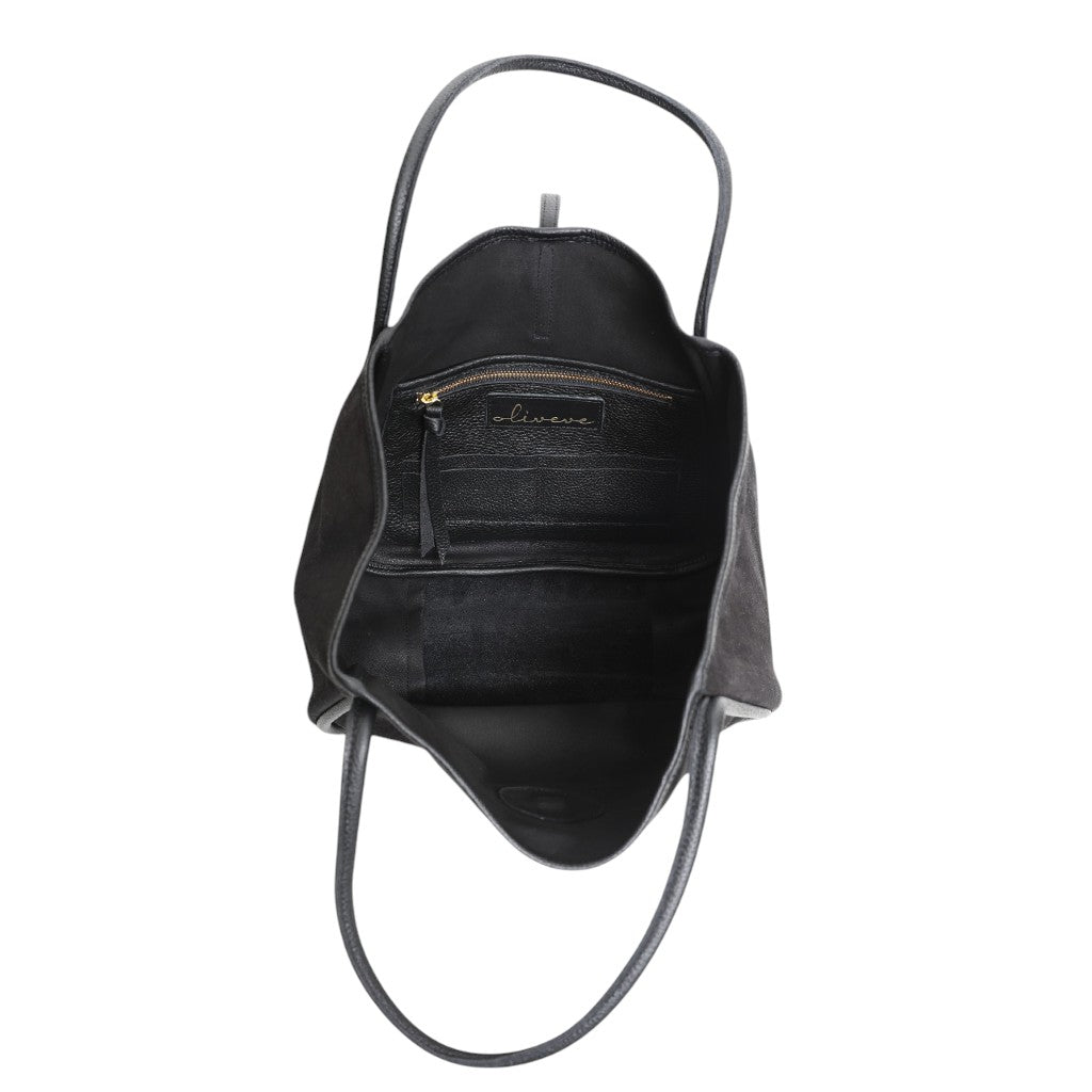 Ellis Hobo Tote in Black Italian Leather Backed Suede with Black Italian Buffalo Cowhide