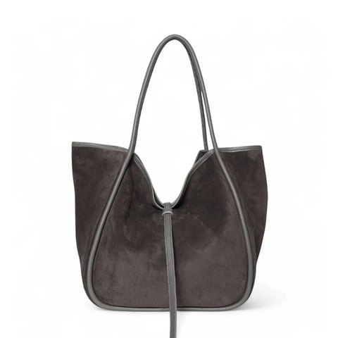 Ellis Hobo Tote in Pewter Italian Leather Backed Suede with Shadow Buffalo Cowhide