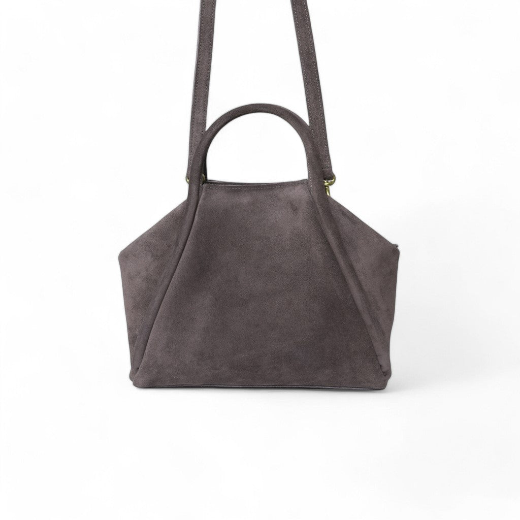 Taya Top Handle Crossbody in Pewter Italian Leather Backed Suede