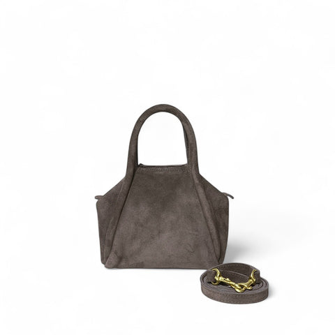 Mini Taya Top Handle Crossbody in Pewter Italian Leather Backed Suede