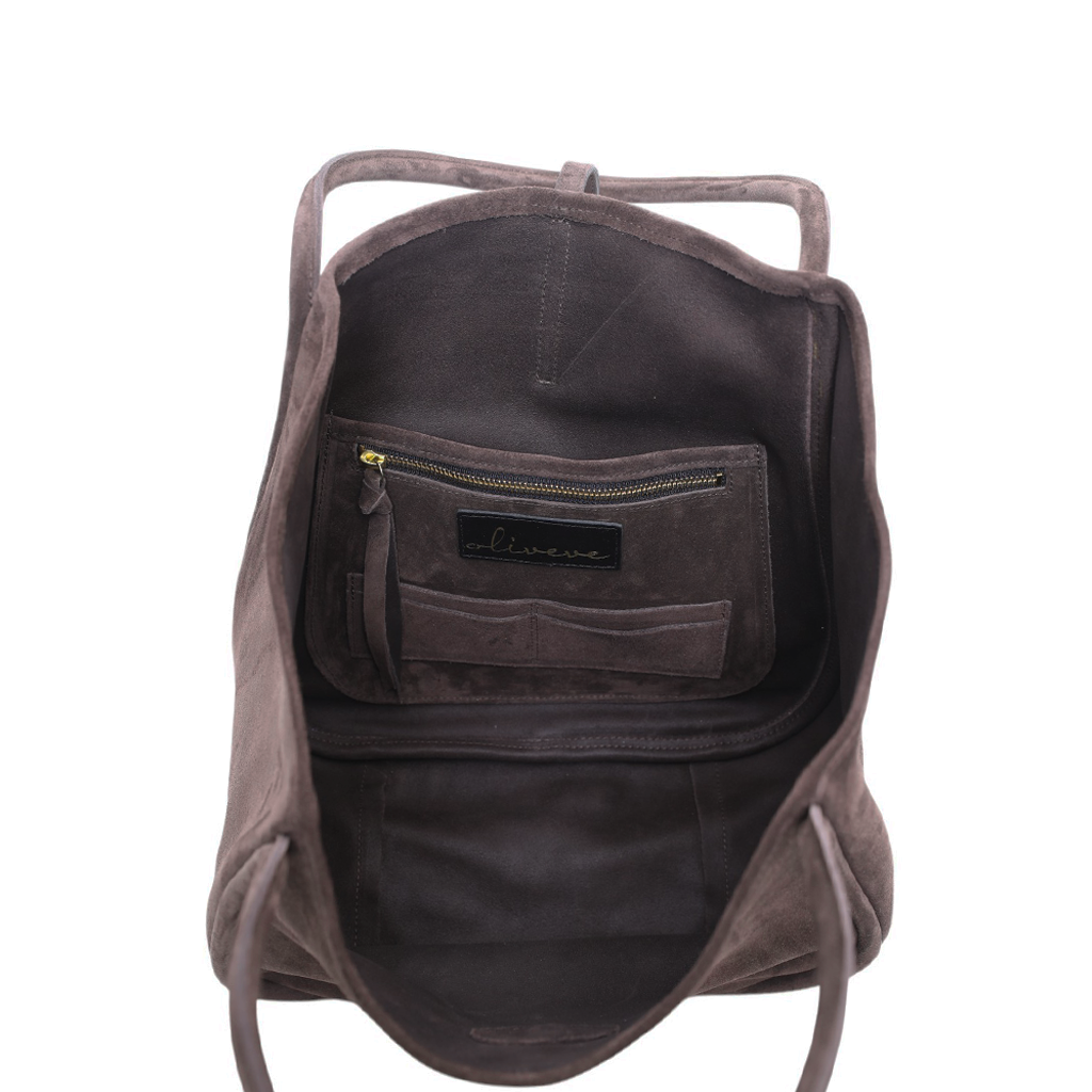 Ellis Hobo Tote in Ganache Italian Leather Backed Suede