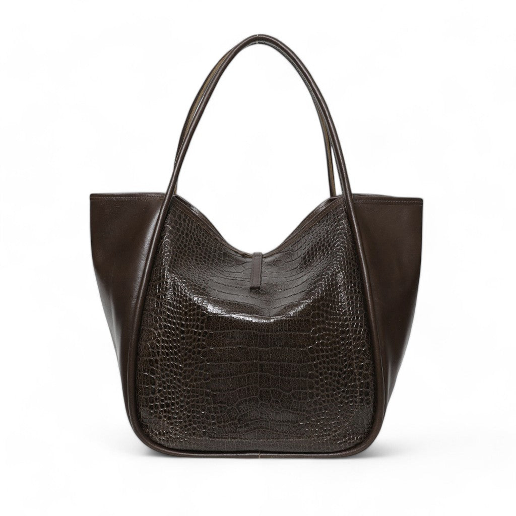Ellis Hobo Tote in in Chocolate Croco Embossed Cowhide