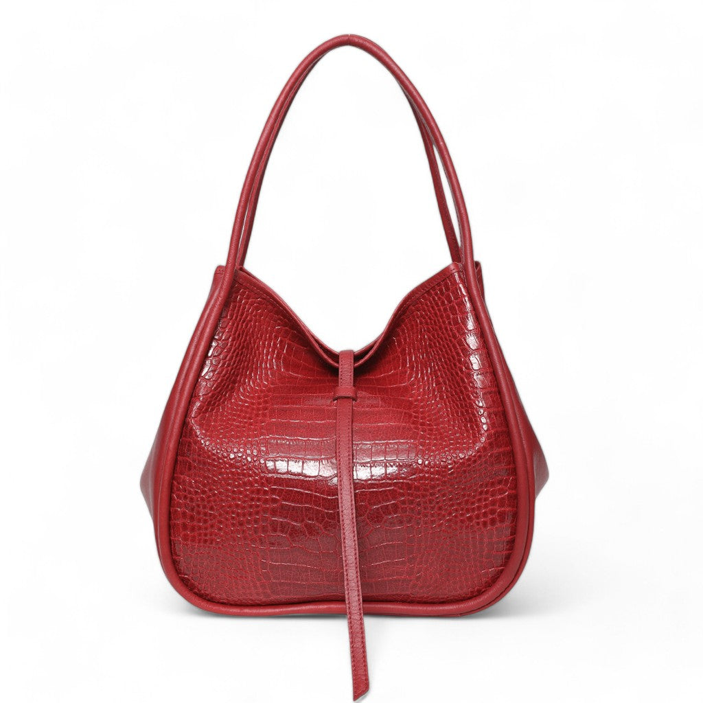 Ellis Hobo Tote in in Scarlet Croco Embossed Cowhide