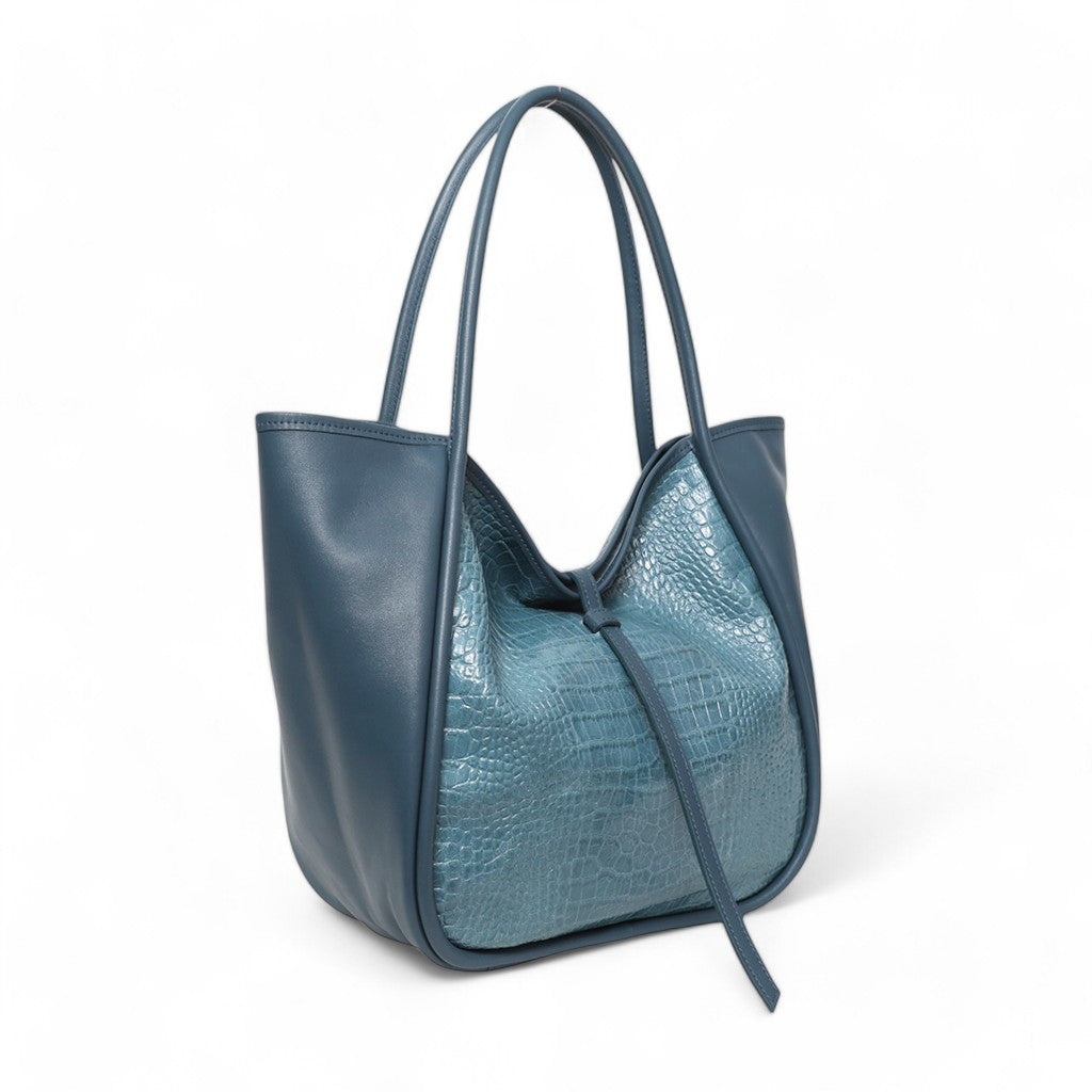 Ellis Hobo Tote in in Denim Croco Embossed Cowhide