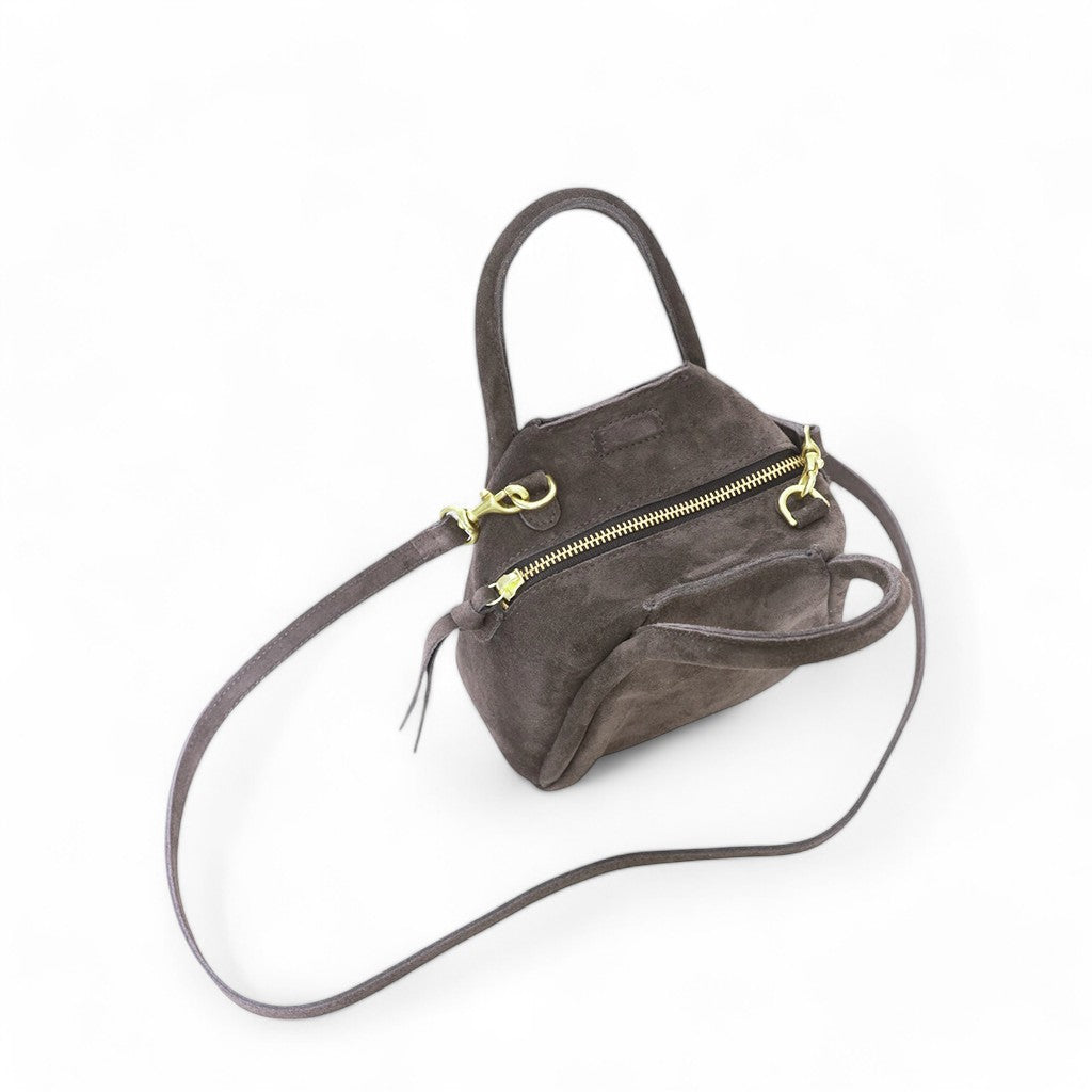 Mini Taya Top Handle Crossbody in Pewter Italian Leather Backed Suede