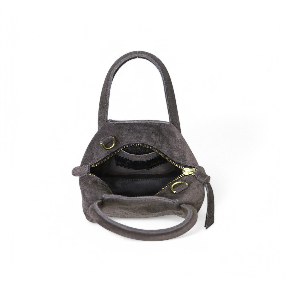 Mini Taya Top Handle Crossbody in Pewter Italian Leather Backed Suede