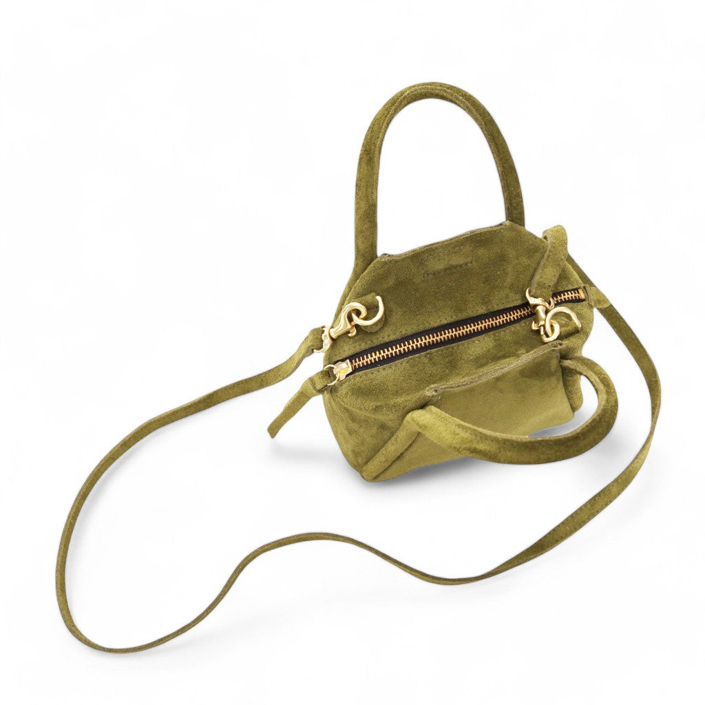 Mini Taya Top Handle Crossbody in Avocado Italian Leather Backed Suede