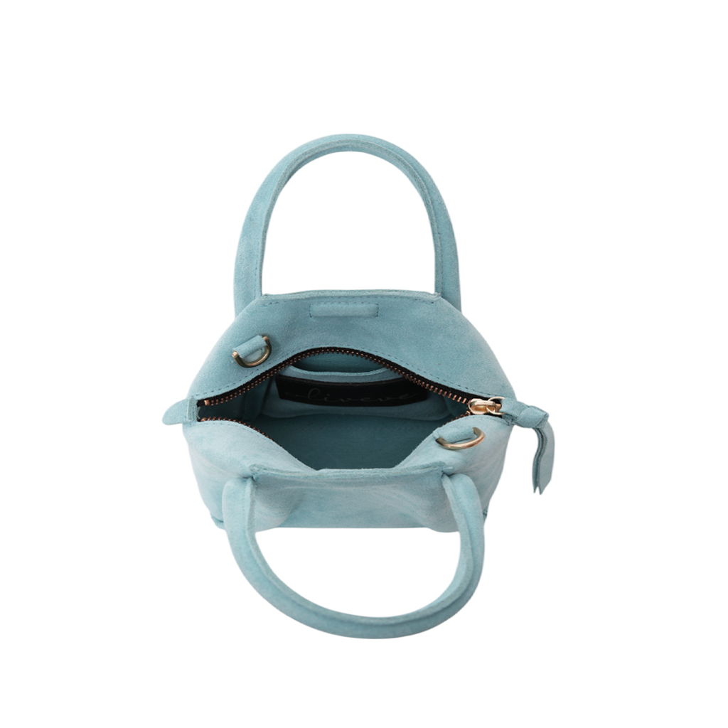 Mini Taya Top Handle Crossbody in Azure Italian Leather Backed Suede