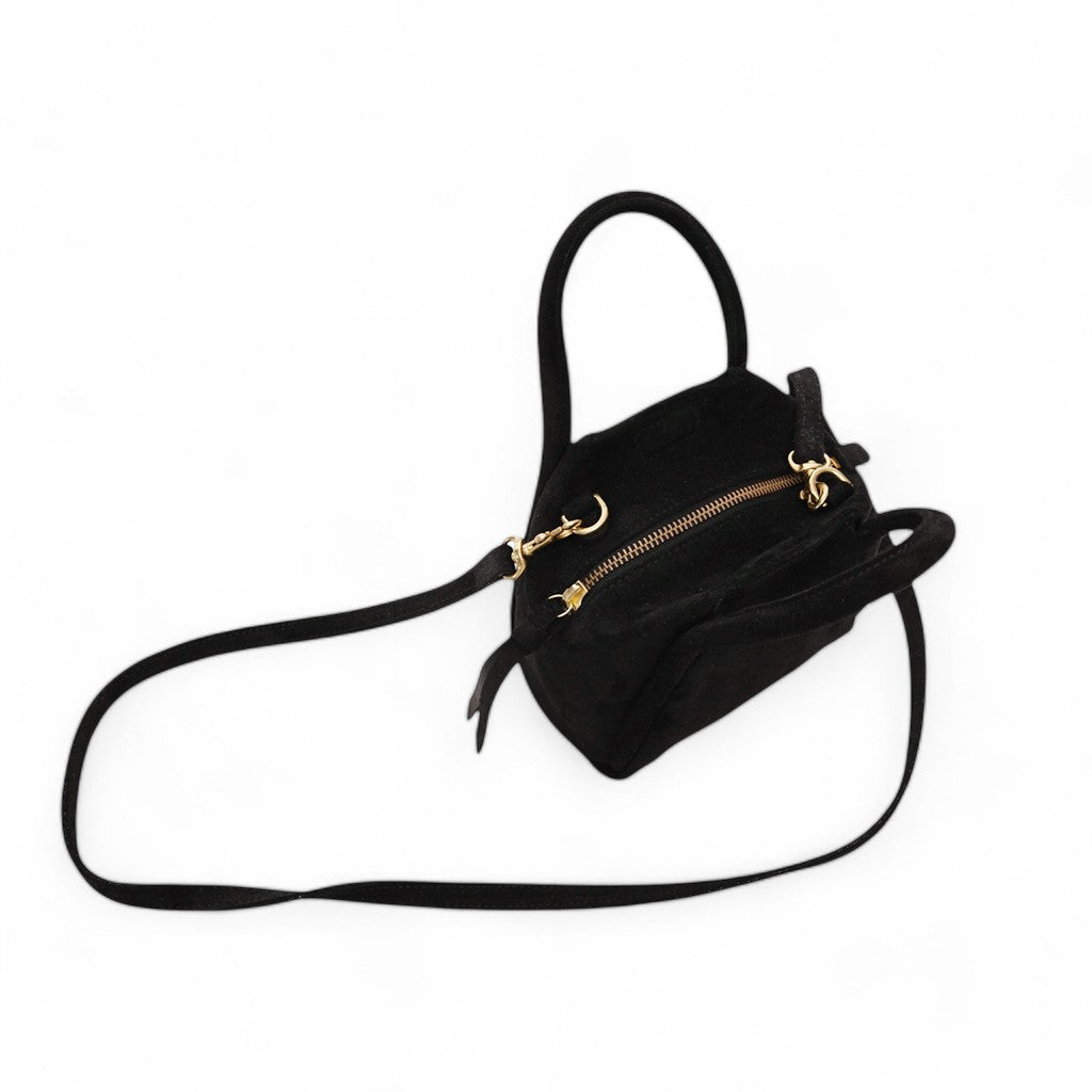 Mini Taya Top Handle Crossbody in Black Italian Leather Backed Suede