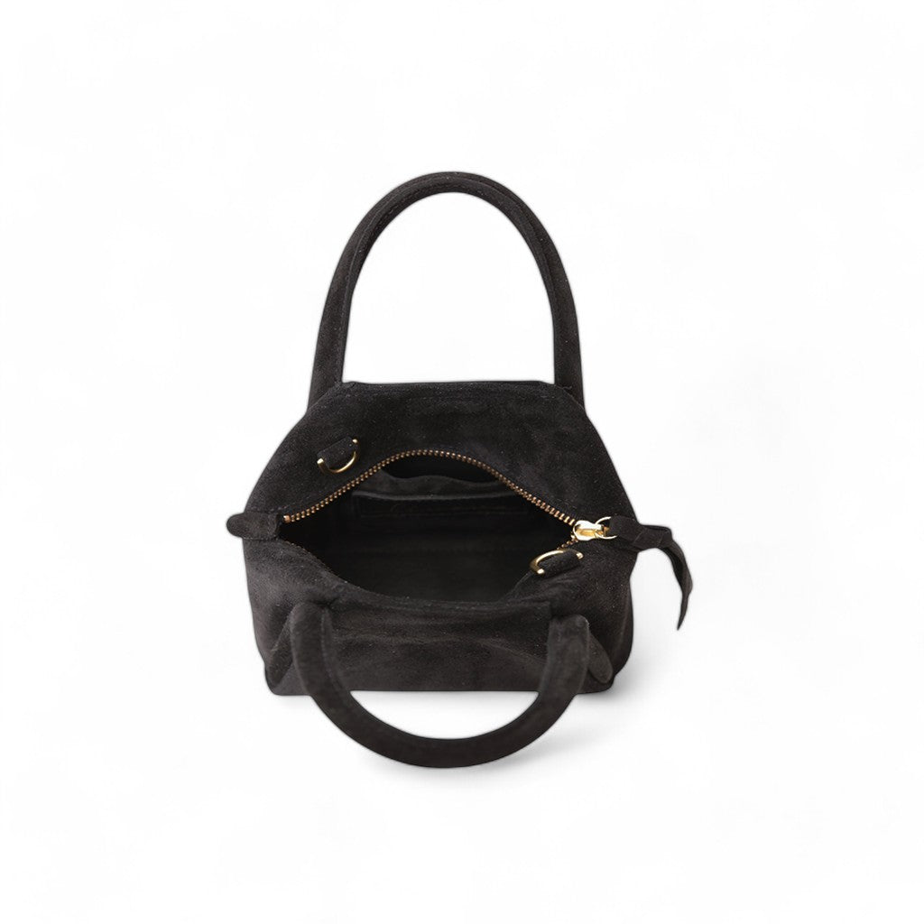 Mini Taya Top Handle Crossbody in Black Italian Leather Backed Suede