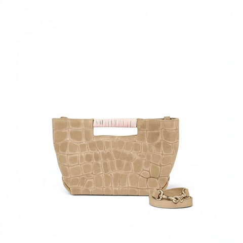 Mini Ella Wrapped Handle Crossbody in Ecru Italian Croco-Embossed Suede