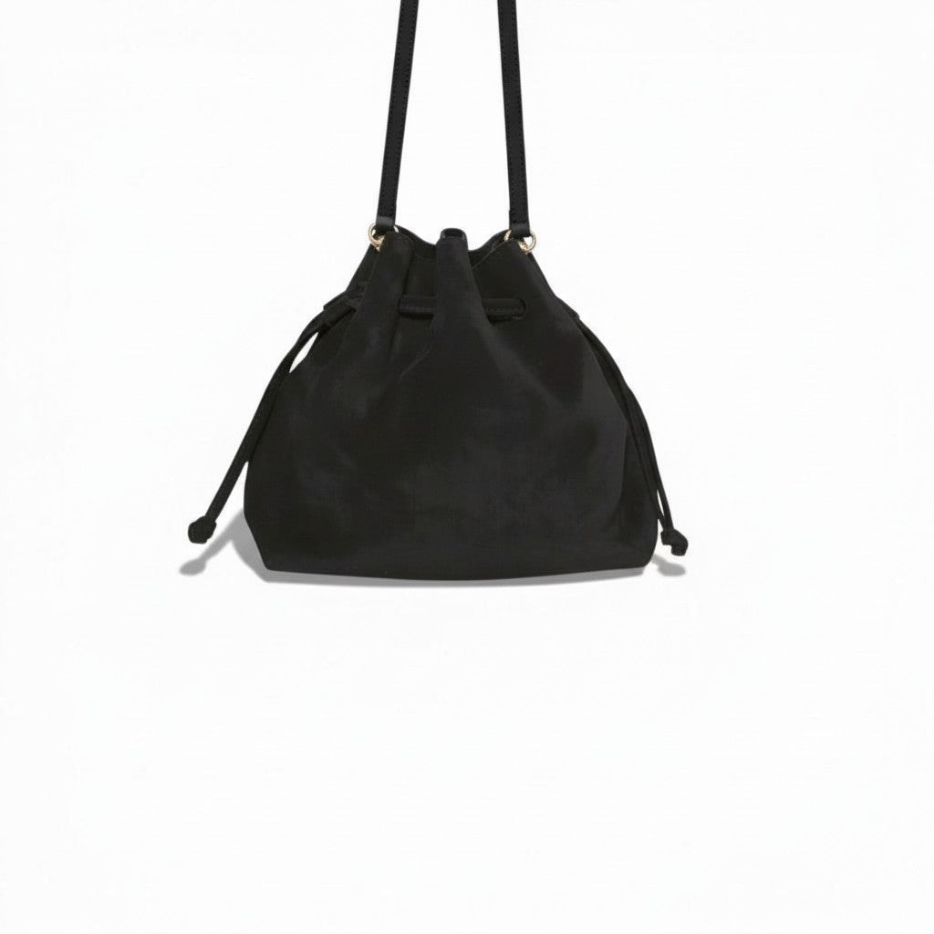 Mini Aurelia Drawstring in Black Italian Leather Backed Suede