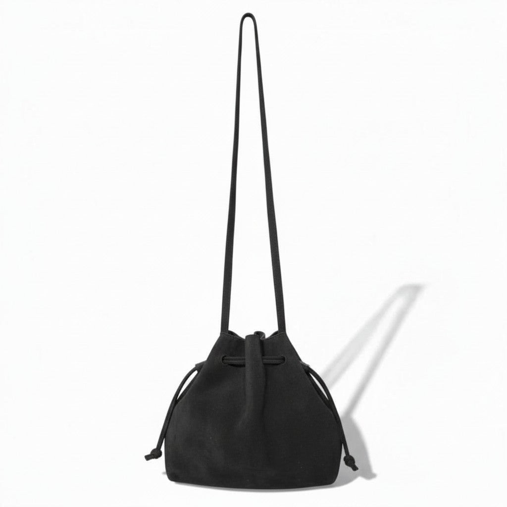 Mini Aurelia Drawstring in Black Italian Leather Backed Suede