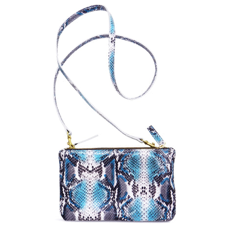 Coco Triple Pocket Crossbody in Teal Snake & Cement Cowhide Leather